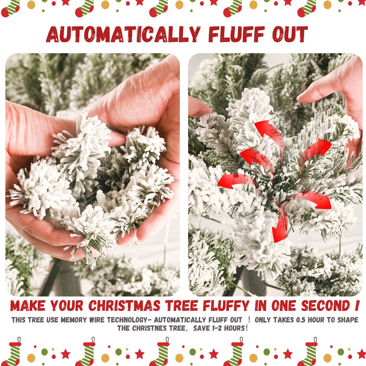 Hands fluffing out flocked artificial Christmas tree branches with red arrows showing expansion