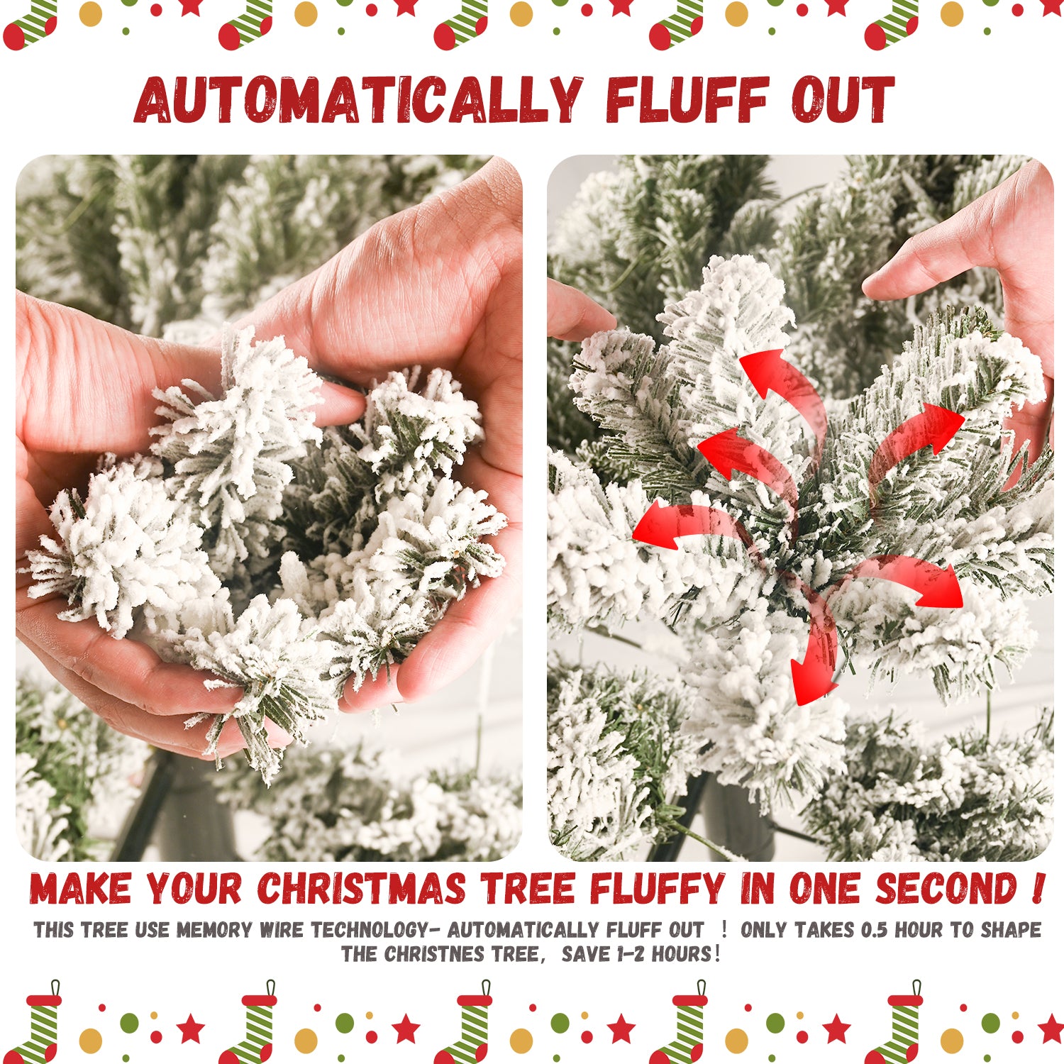 Hands fluffing out flocked artificial Christmas tree branches with red arrows showing expansion