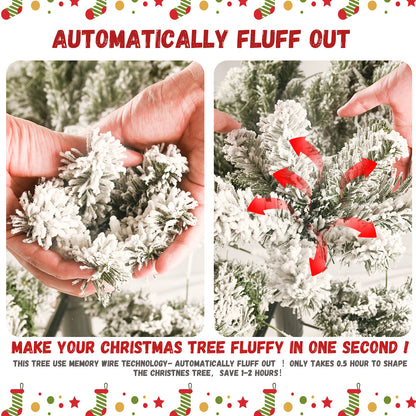 Hands fluffing out flocked artificial Christmas tree branches with red arrows showing expansion
