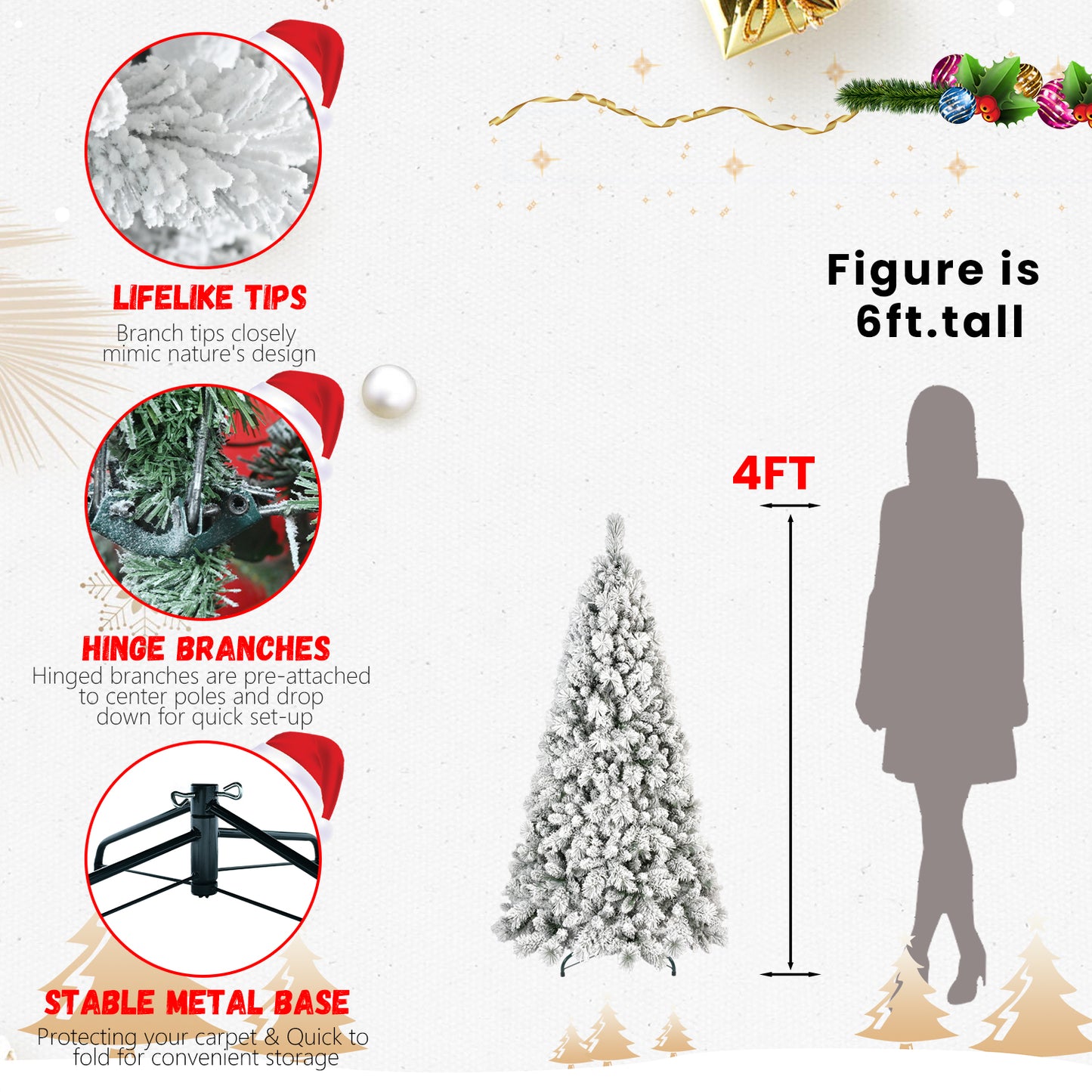 4ft flocked PVC Christmas tree with warm white LED lights, lifelike tips, hinged branches, stable metal base