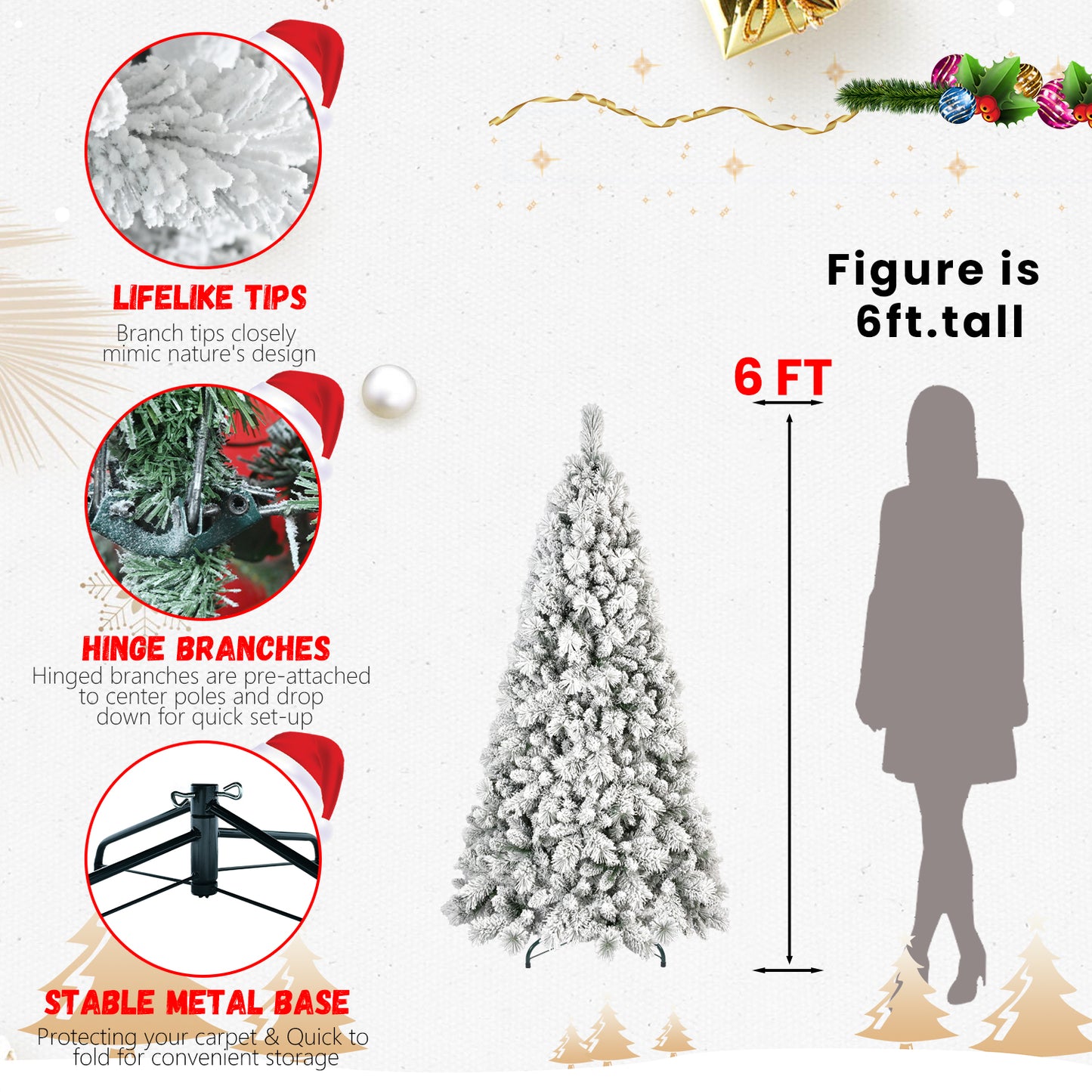6ft tall flocked PVC Christmas tree with lifelike tips, hinged branches, and stable metal base