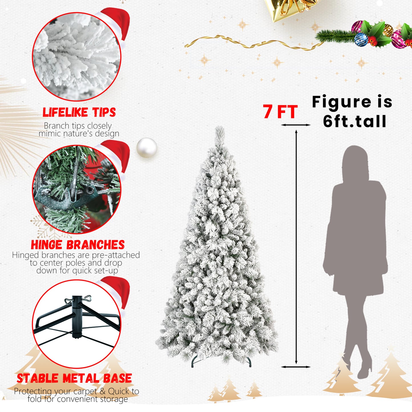 7ft flocked PVC Christmas tree with warm white LED lights, lifelike tips, hinged branches, metal base