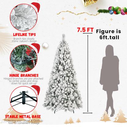 7.5ft flocked PVC artificial Christmas tree with lifelike tips, hinge branches, and stable metal base