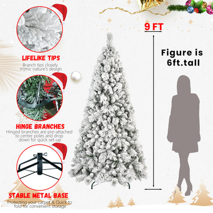 9 ft tall flocked artificial Christmas tree with lifelike tips, hinge branches, and stable metal base