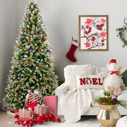 5.4ft pre-lit Christmas tree with warm white LED lights, pinecones, red berries, and wrapped gifts in cozy living room
