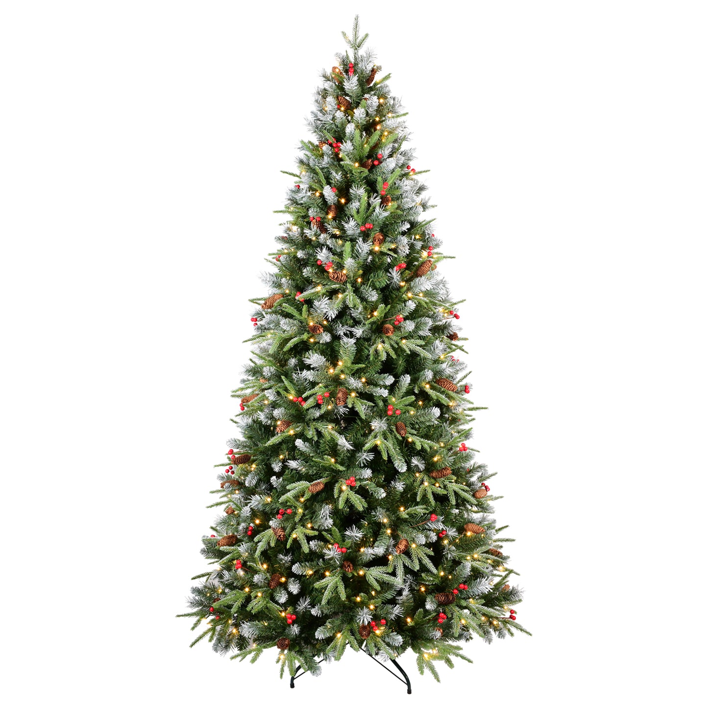Pre-lit 5.4ft artificial Christmas tree with warm white LED lights, pine cones, red berries, and frosted branches