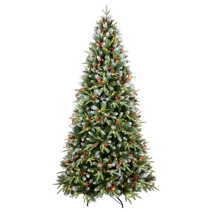 Pre-lit 5.4ft artificial Christmas tree with warm white LED lights, pine cones, red berries, and frosted branches