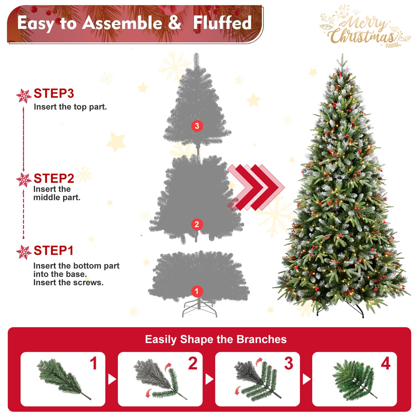 Assembled decorated artificial Christmas tree with warm white LED lights, easy 3-step assembly and branch shaping guide