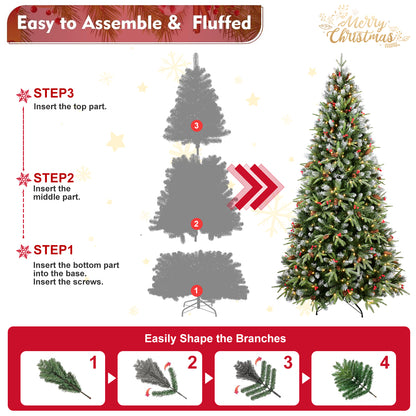 Assembled decorated artificial Christmas tree with warm white LED lights, easy 3-step assembly and branch shaping guide