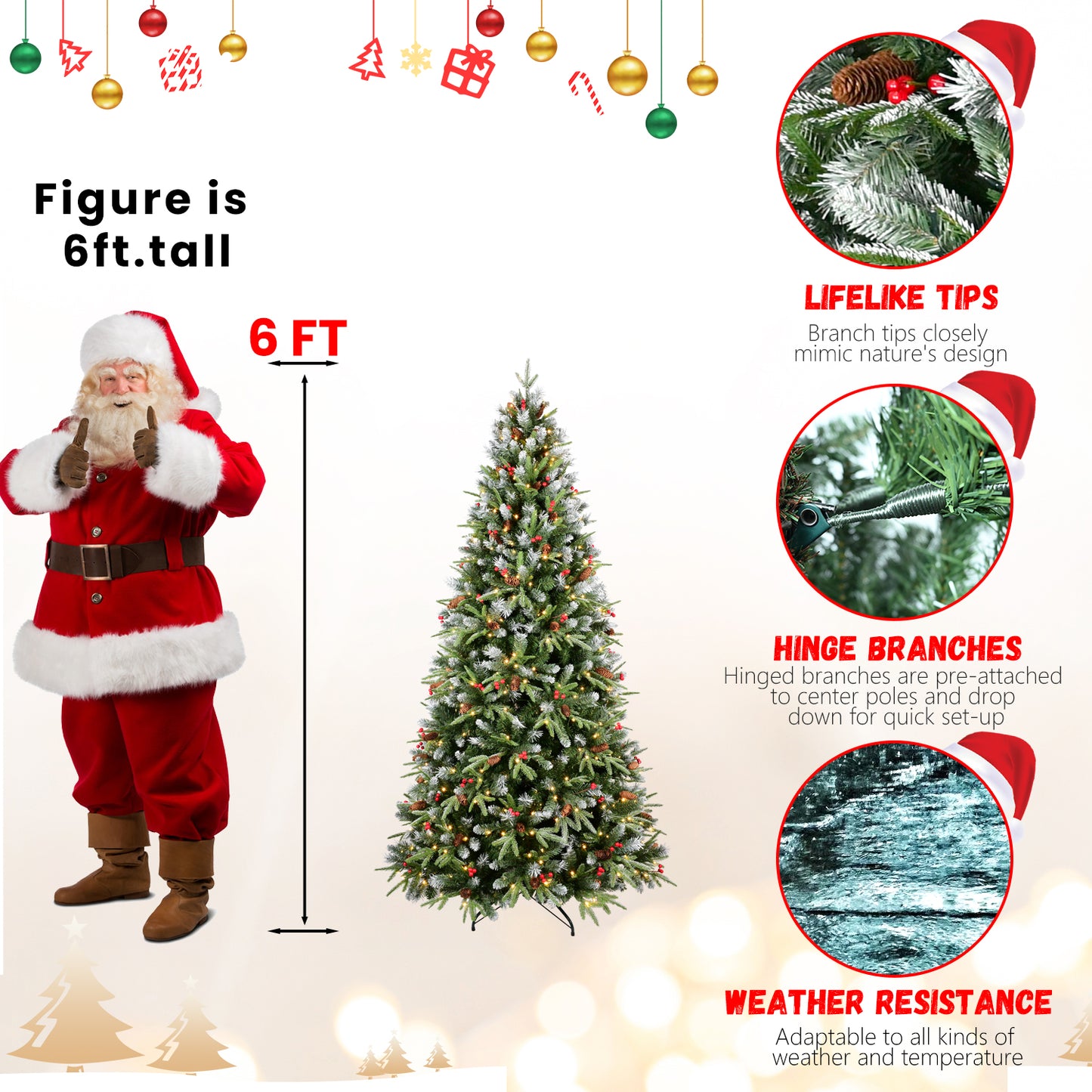 6ft pre-lit artificial Christmas tree with lifelike tips, hinged branches, and weather resistance