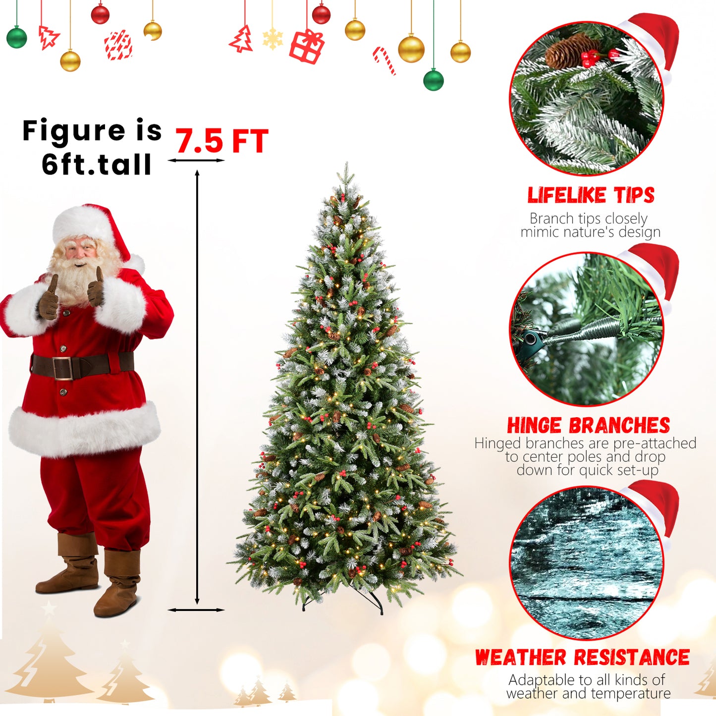 7.5 ft artificial Christmas tree with lifelike tips, hinged branches, red berries, pinecones and weather resistance