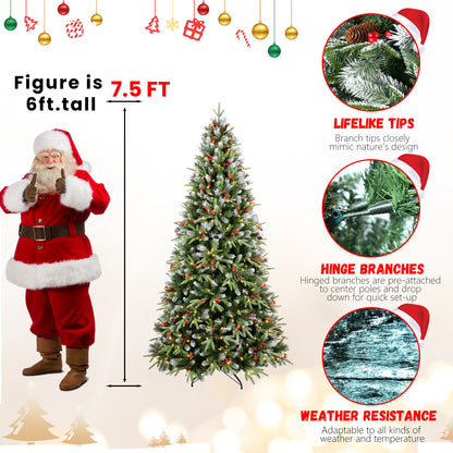 7.5 ft artificial Christmas tree with lifelike tips, hinged branches, red berries, pinecones and weather resistance