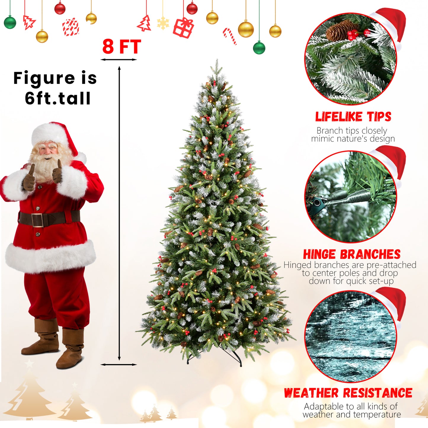 6ft tall pre-lit artificial Christmas tree with lifelike tips, hinged branches, and weather resistance