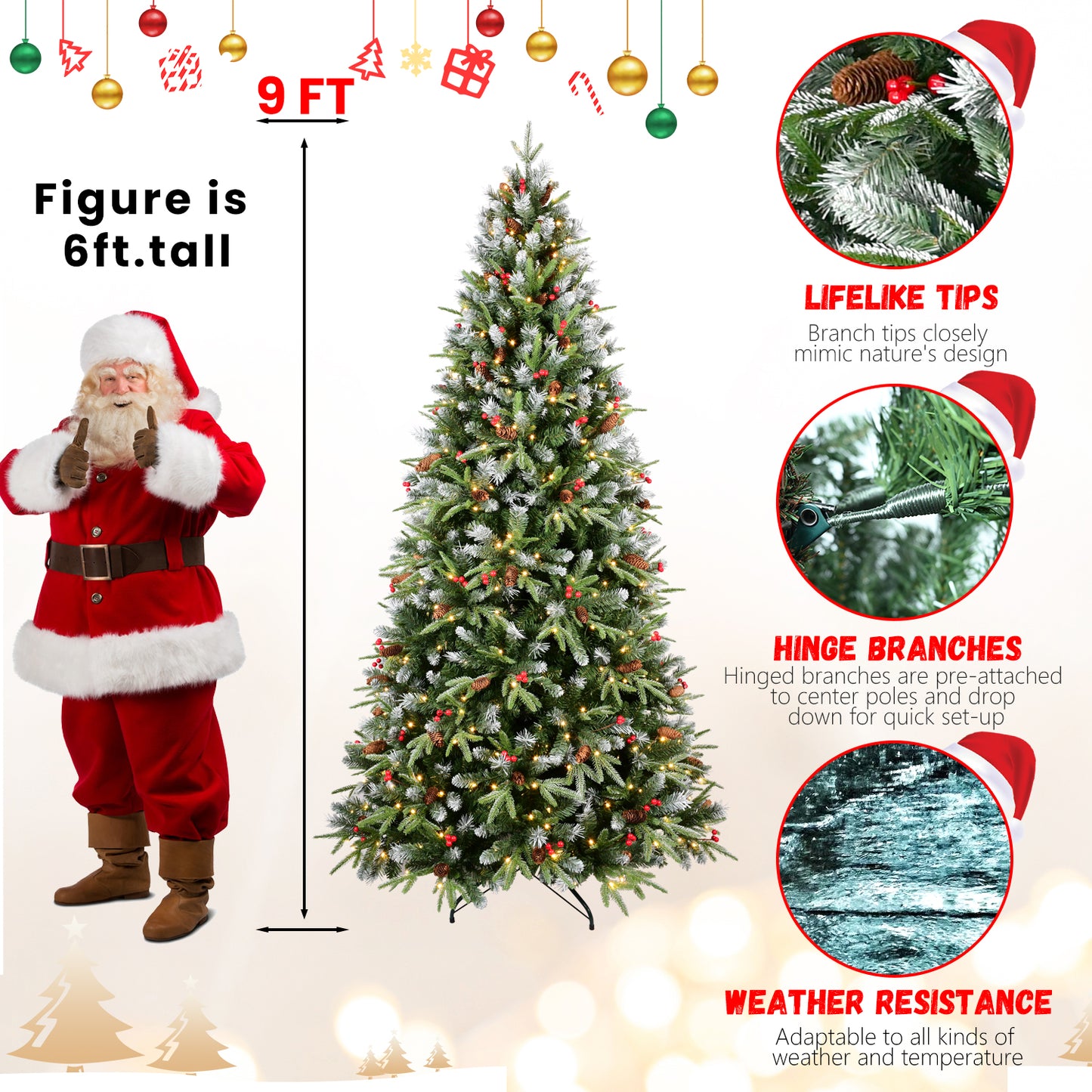 6ft pre-lit artificial Christmas tree with lifelike tipped branches, pine cones, berries, and warm white LED lights