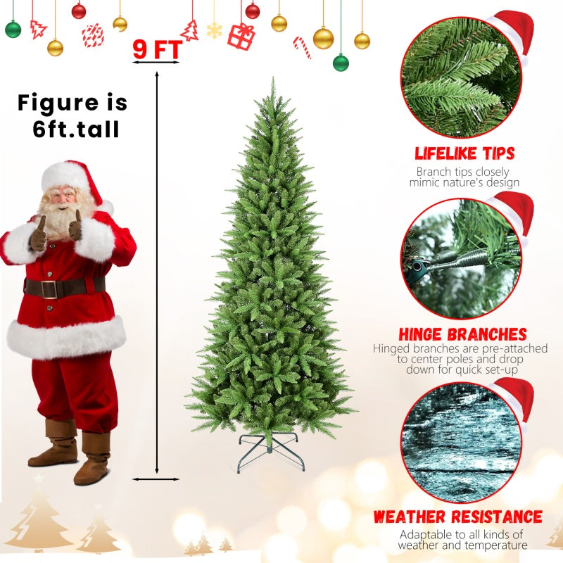 9ft artificial Christmas tree with lifelike PVC tips, hinged branches, weather resistant design beside a 6ft Santa figure