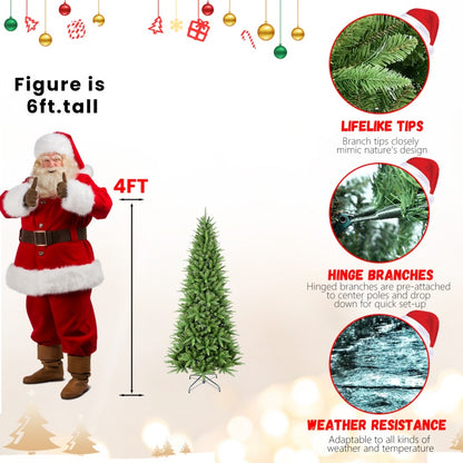 4ft green artificial PVC Christmas tree with lifelike tips, hinged branches, and weather resistance shown next to 6ft Santa figure