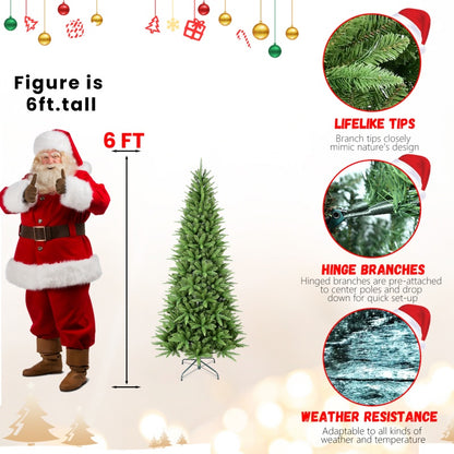 6ft tall artificial Christmas tree with lifelike tips, hinged branches, weather-resistant design, Santa comparison