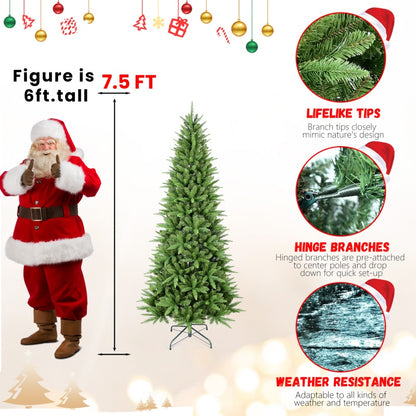 7.5ft artificial Christmas tree with lifelike tips, hinged branches, weather resistant stand
