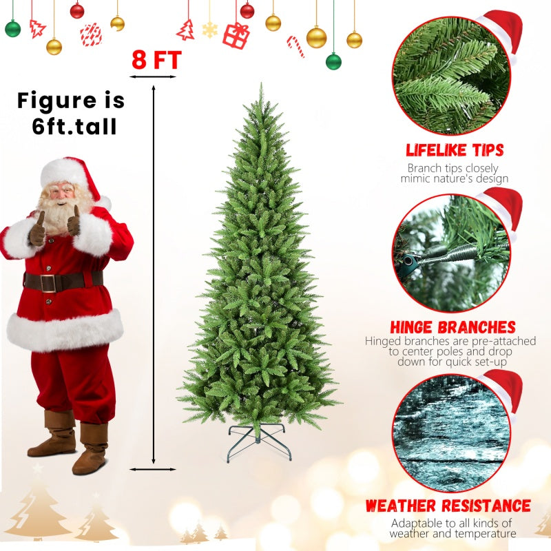 8ft artificial Christmas tree with lifelike PVC branch tips, hinged branches for easy setup, and weather resistance