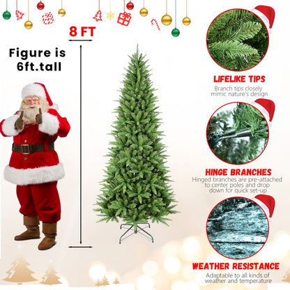 8ft artificial Christmas tree with lifelike PVC branch tips, hinged branches for easy setup, and weather resistance