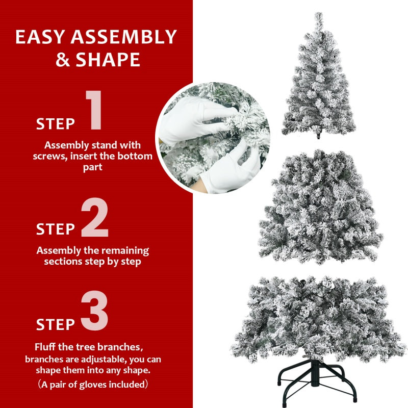 Step-by-step assembly of snow flocked artificial Christmas tree with adjustable branches and included gloves