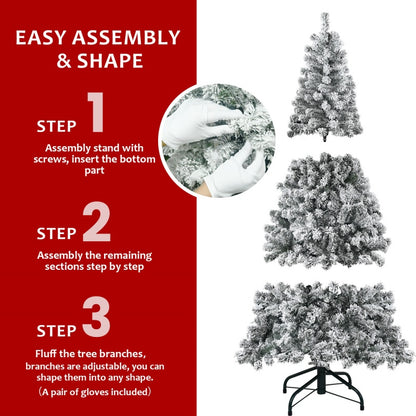 Step-by-step assembly of snow flocked artificial Christmas tree with adjustable branches and included gloves