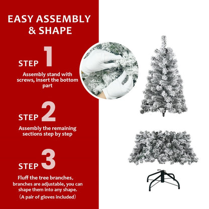 Snow-flocked artificial Christmas tree assembly steps with stand, tree parts, and white gloves on white background