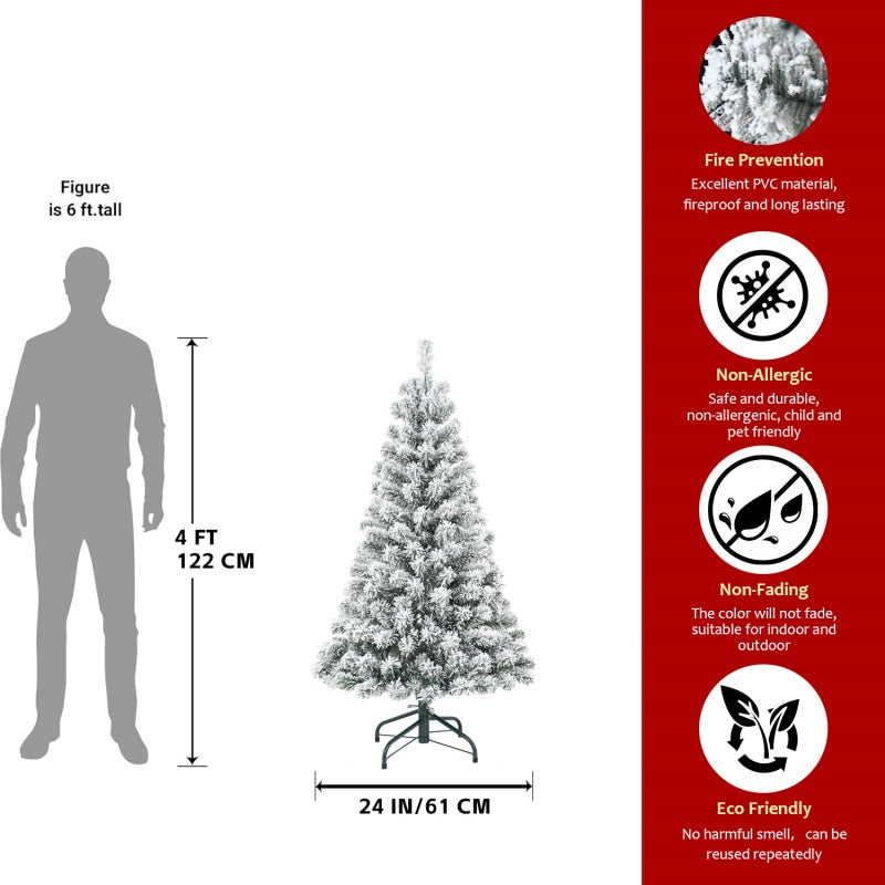 4ft snow flocked artificial Christmas tree with metal stand, fireproof PVC, non-allergic, eco-friendly