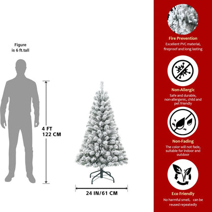 4ft snow flocked artificial Christmas tree with metal stand, fireproof PVC, non-allergic, eco-friendly