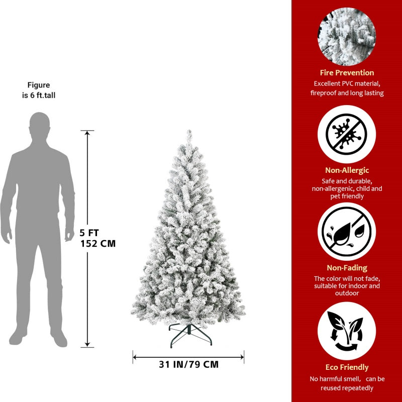 5-foot snow flocked artificial Christmas tree with PVC fireproof material, eco friendly and non-allergic