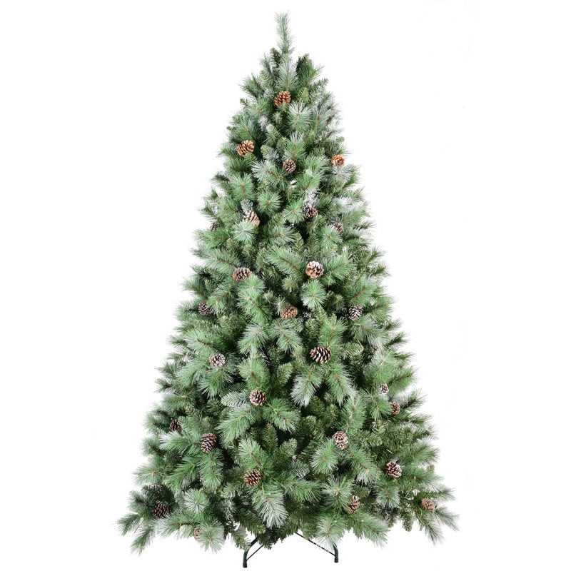 Artificial green Christmas tree decorated with pine cones on white background