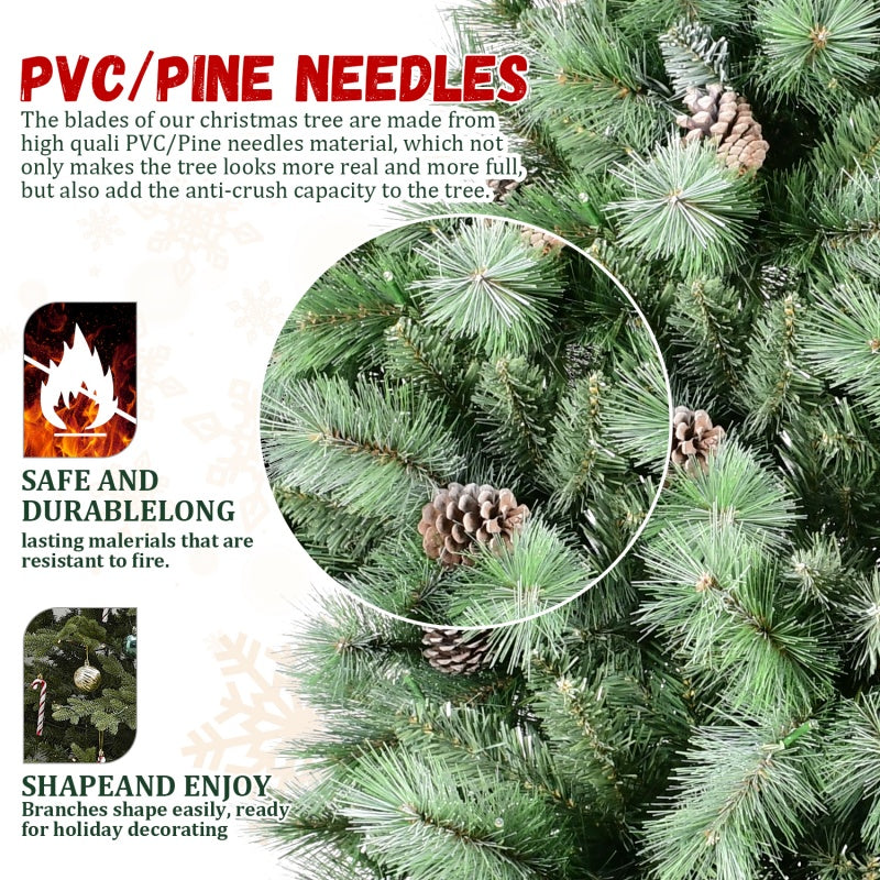 Close-up of PVC Christmas tree branches with pine needles and pine cones, fire-resistant and durable material