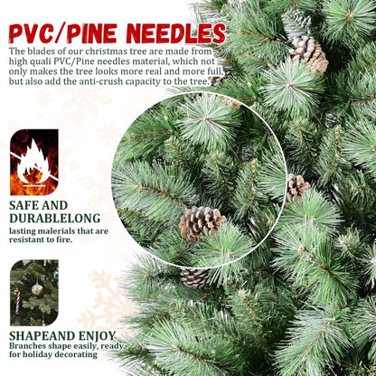 Close-up of PVC Christmas tree branches with pine needles and pine cones, fire-resistant and durable material