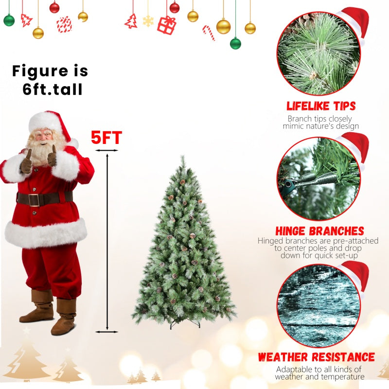 5ft artificial PVC Christmas tree with pine cones next to 6ft tall Santa figure for size reference