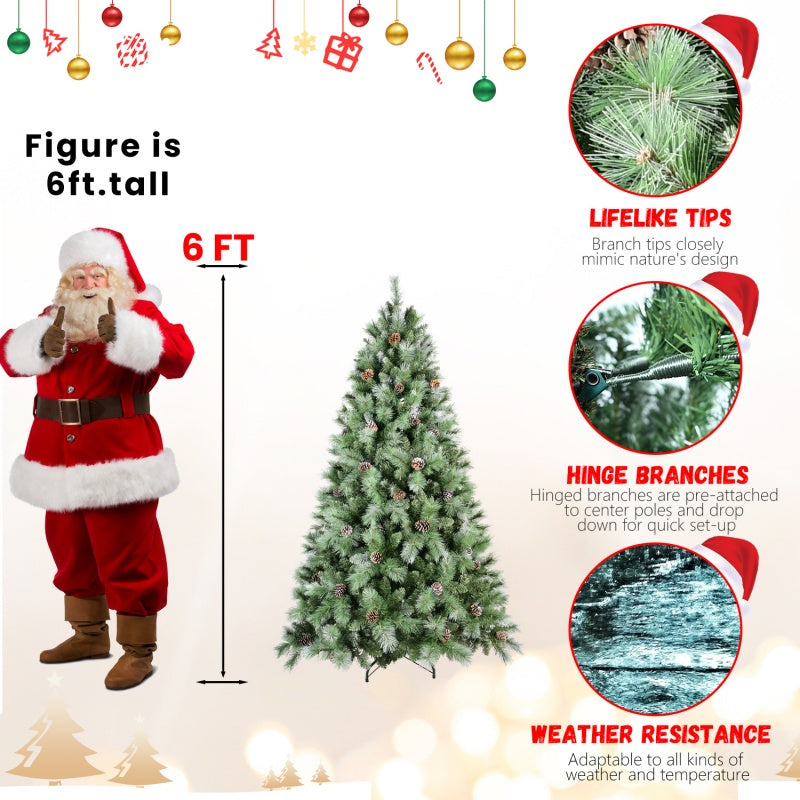 6ft tall PVC Christmas tree with pine cones, lifelike tips, hinged branches, and weather resistance, shown next to Santa figure