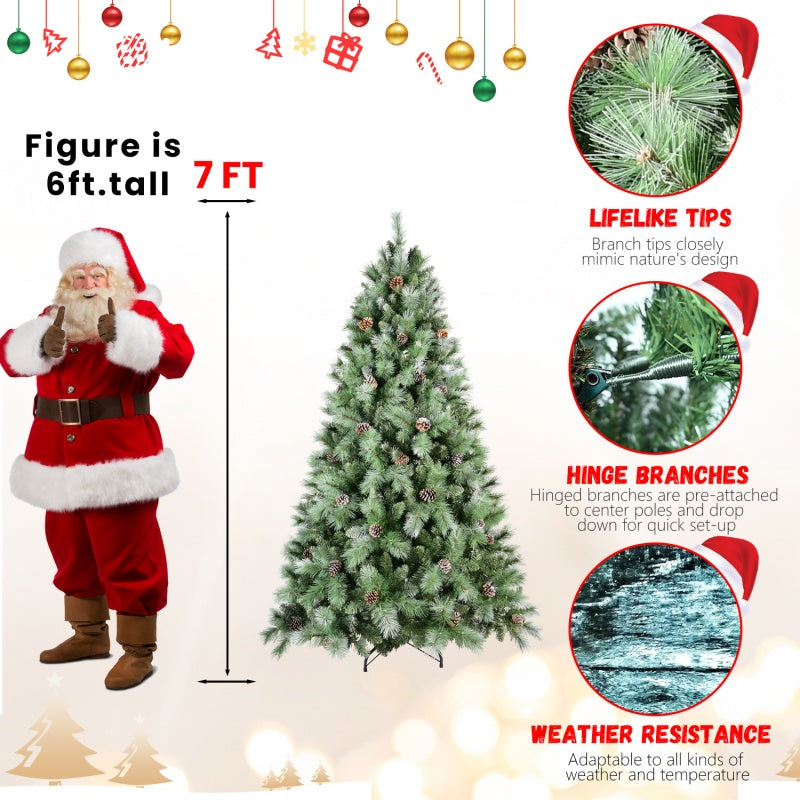 7ft artificial PVC Christmas tree with pine cones shown next to 6ft tall Santa figure, highlighting lifelike tips, hinged branches, and weather resistance