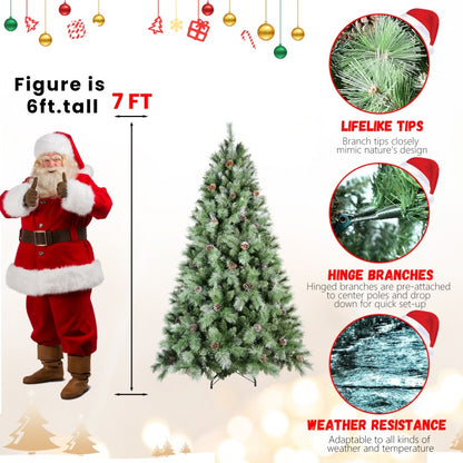 7ft artificial PVC Christmas tree with pine cones shown next to 6ft tall Santa figure, highlighting lifelike tips, hinged branches, and weather resistance