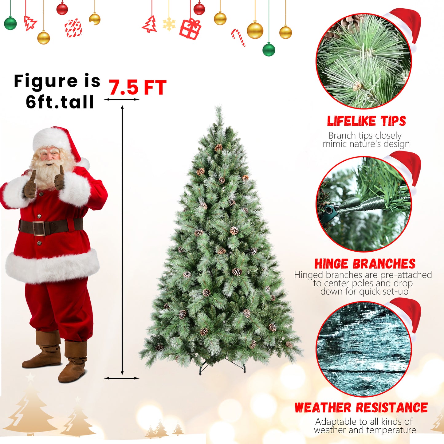 7.5ft tall artificial Christmas tree with pine cones next to Santa Claus figure showing lifelike tips and weather resistance