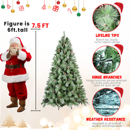 7.5ft tall artificial Christmas tree with pine cones next to Santa Claus figure showing lifelike tips and weather resistance