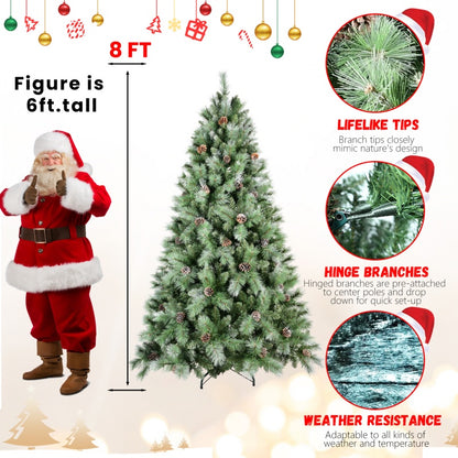8ft artificial Christmas tree with pine cones, hinged branches, and lifelike tips next to 6ft Santa figure