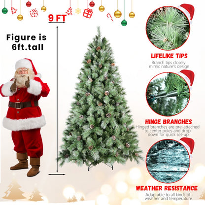 9ft artificial PVC Christmas tree with pine cones and lifelike tips, next to 6ft Santa figure for scale