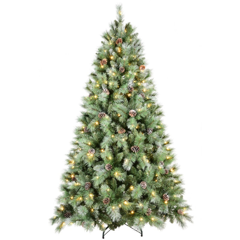 5.5ft PVC artificial Christmas tree decorated with warm white LED lights and pine cones