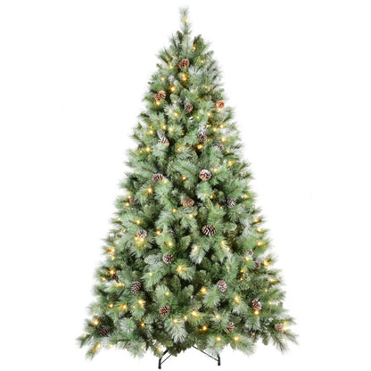 5.5ft PVC artificial Christmas tree decorated with warm white LED lights and pine cones