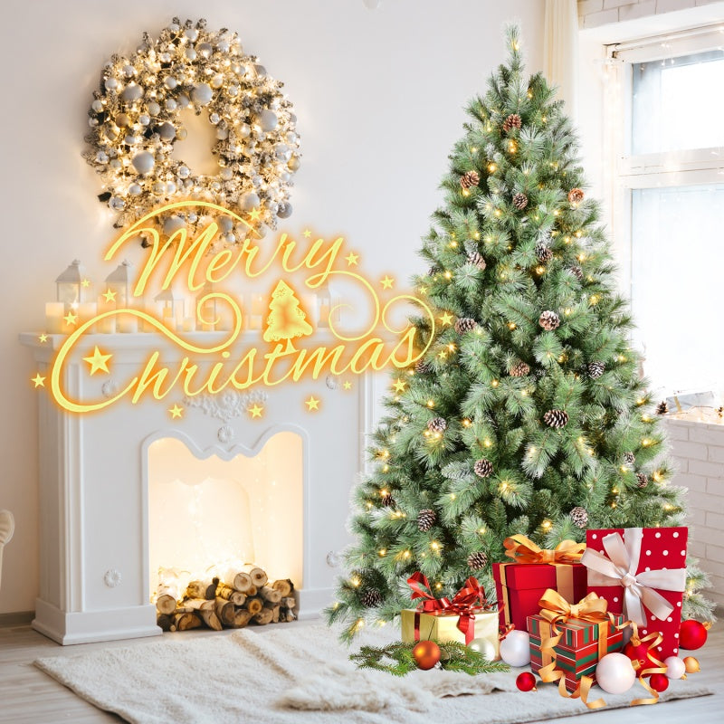 Decorated Christmas tree with warm white LED pine cones and wrapped gifts near festive wreath and fireplace