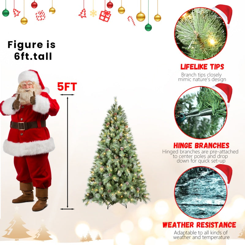 5ft artificial Christmas tree with warm white LED lights and pine cones, next to 6ft Santa figure for size comparison