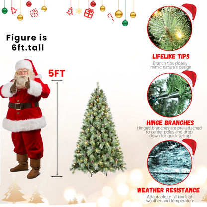 5ft artificial Christmas tree with warm white LED lights and pine cones, next to 6ft Santa figure for size comparison