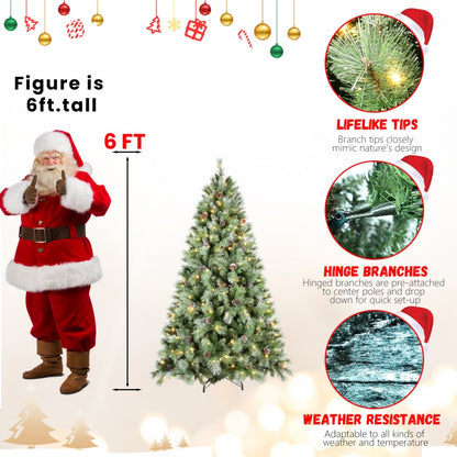 6ft pre-lit artificial Christmas tree with pine cones, lifelike hinged branches, and weather resistance beside Santa figure