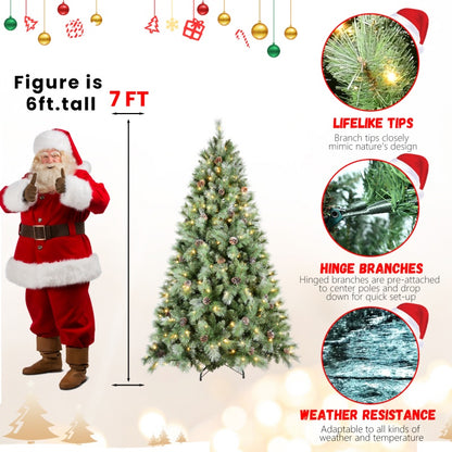 7ft artificial Christmas tree with warm white LED lights and pine cones, next to 6ft tall Santa figure