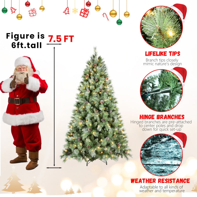 7.5ft artificial Christmas tree with lifelike tips, hinge branches, pinecones, warm white LED lights, and weather resistance