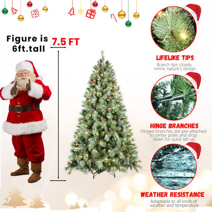 7.5ft artificial Christmas tree with lifelike tips, hinge branches, pinecones, warm white LED lights, and weather resistance